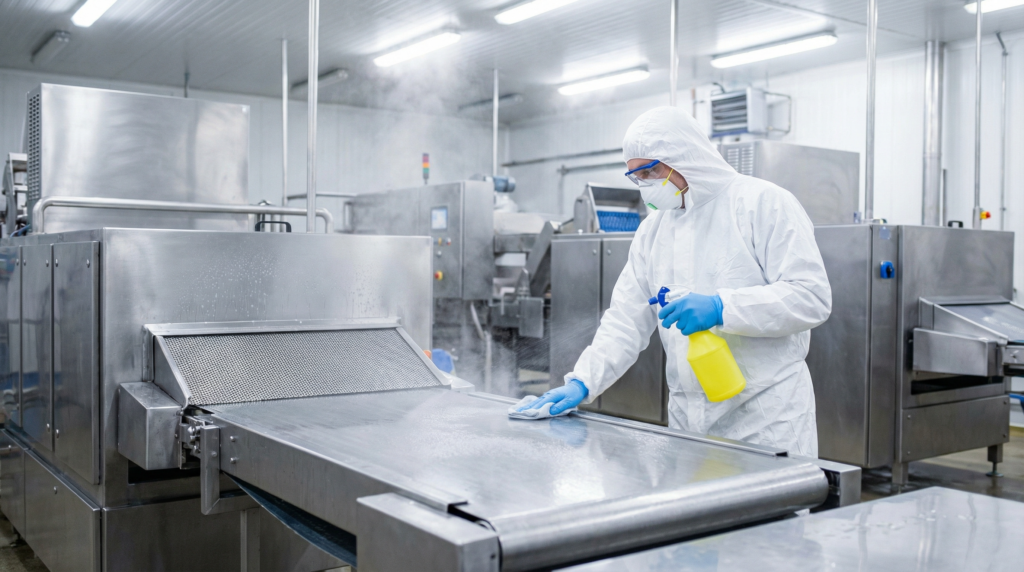 機械を清掃する作業員