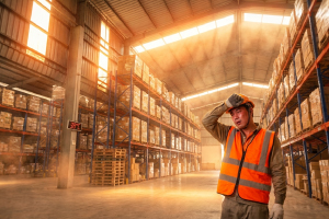 夏場の倉庫で作業をする男性