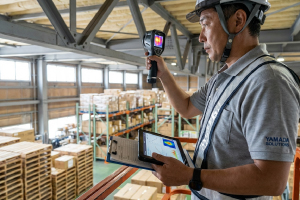 倉庫内の温度を調査する作業員